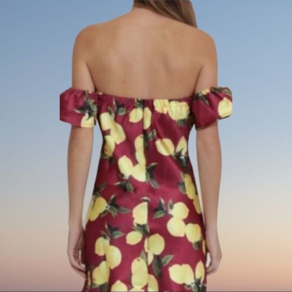 NWT, Lemon-Print Knee-Length Off Shoulder Dress in Dark Red - Med & Large - Picture 3 of 8
